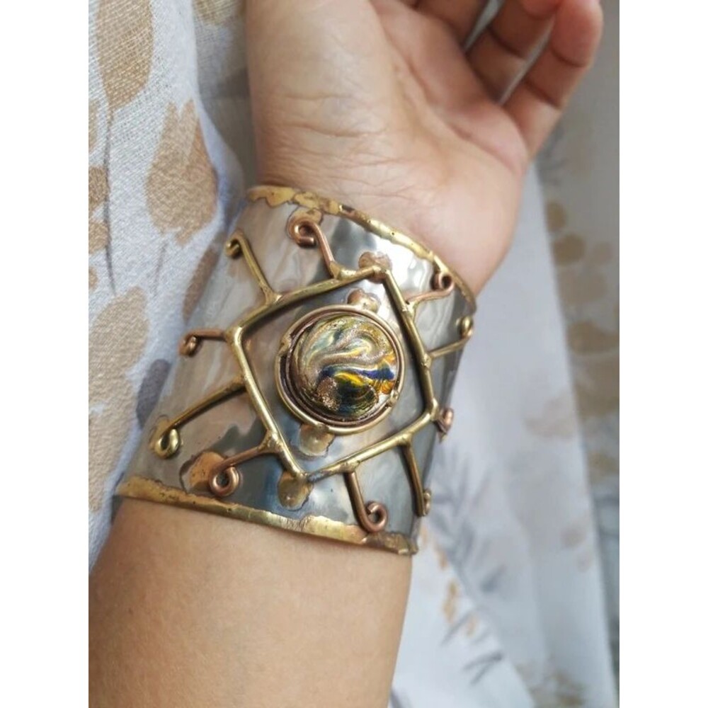 Asymmetrical Brutalist bracelet with copper and brass elements